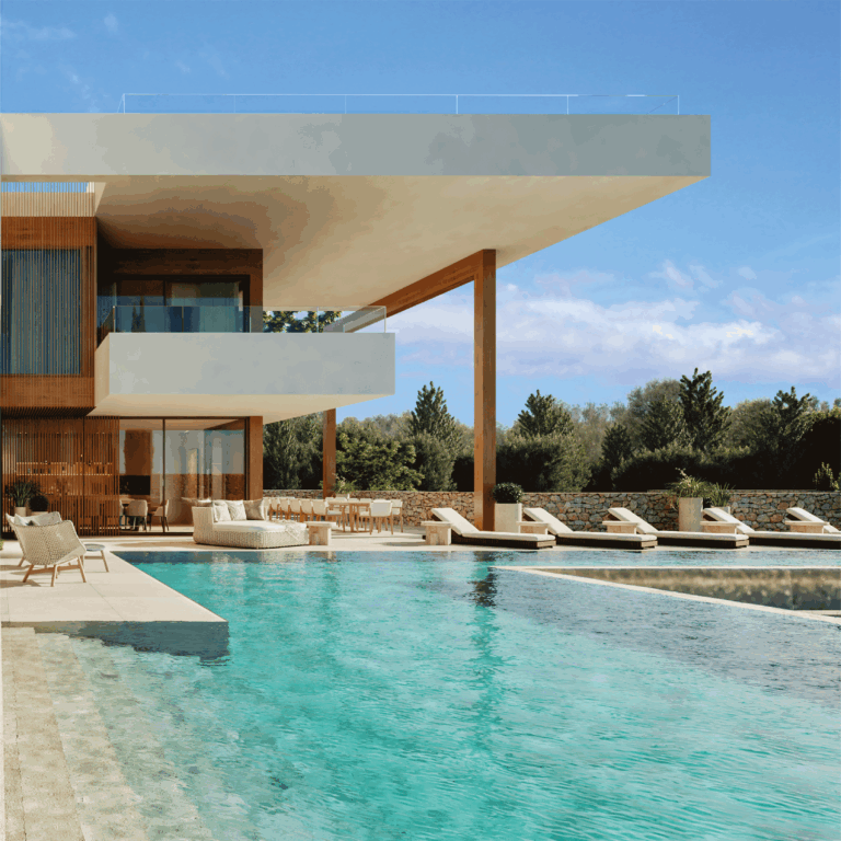 Zona de relajación en la piscina del proyecto P50-51 en Son Gual, Mallorca.