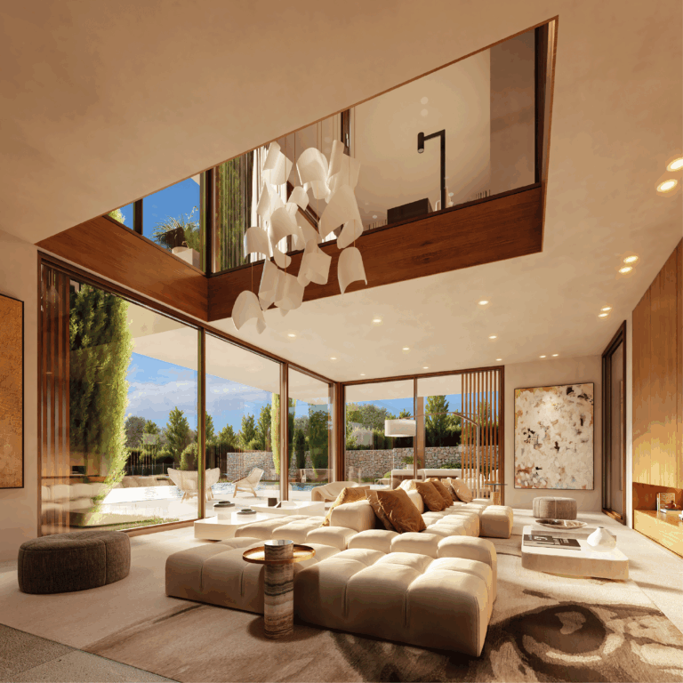 Sala de estar interior del proyecto P50-51 en Son Gual, Mallorca.