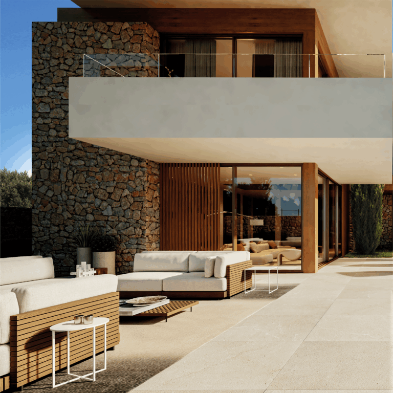 Sala de estar exterior del proyecto P50-51 en Son Gual, Mallorca.