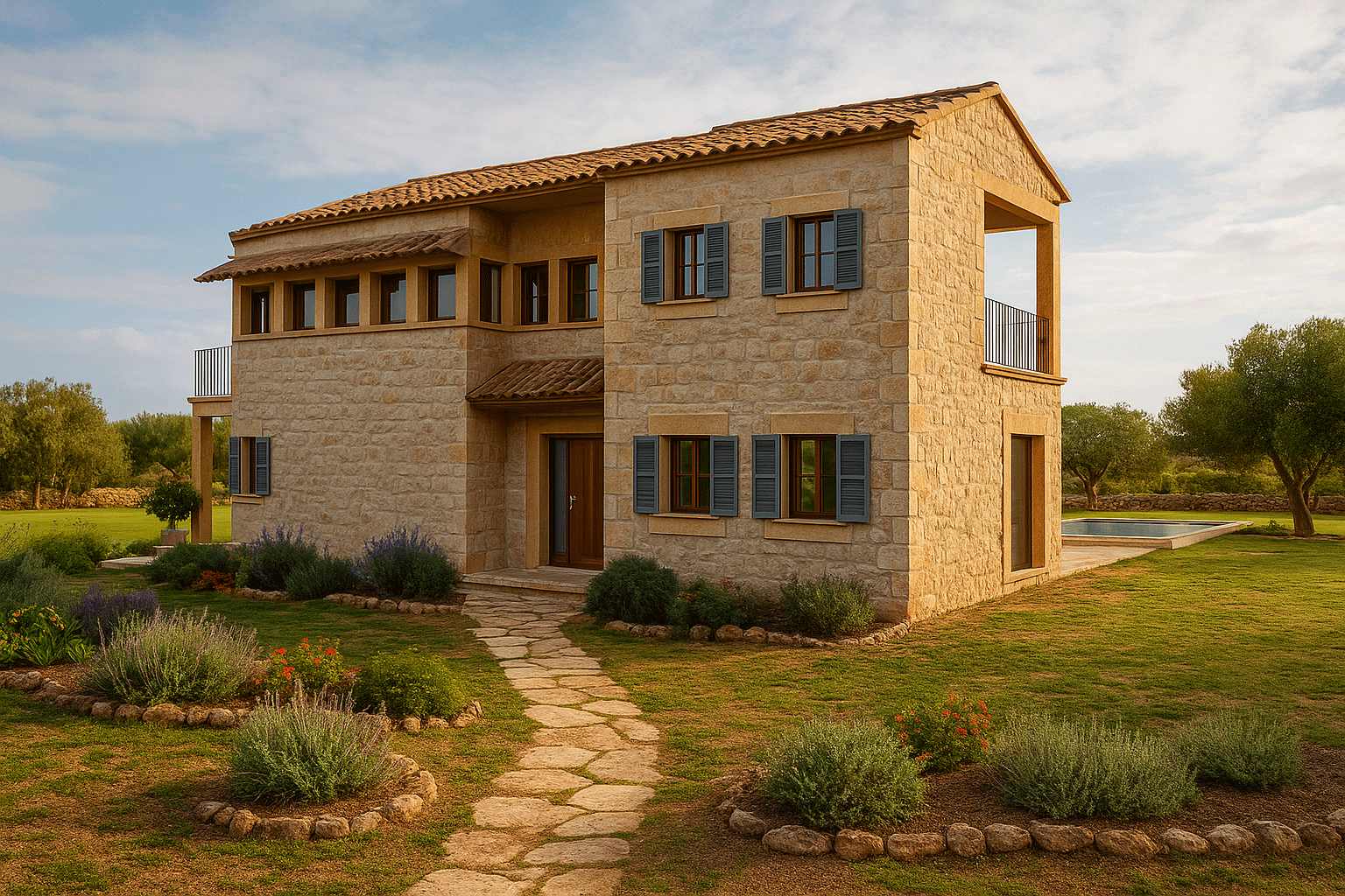 Fachada general principal y entrada de la vivienda del proyecto R53 en Son Gual, Mallorca.