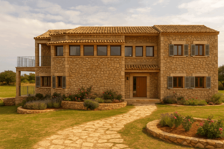 Fachada general principal y entrada de la vivienda del proyecto R53 en Son Gual, Mallorca.