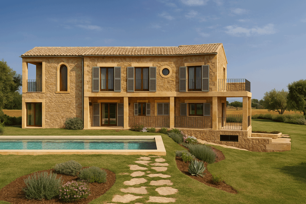 Fachada general posterior con piscina del proyecto R53 en Son Gual, Mallorca.