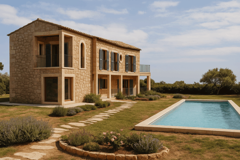 Fachada general lateral posterior con piscina del proyecto R53 en Son Gual, Mallorca.