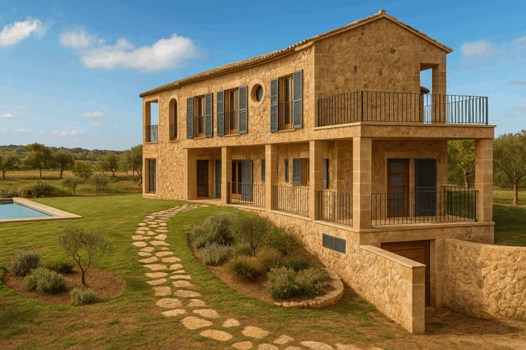 Fachada general lateral con entrada al garaje del proyecto R53 en Son Gual, Mallorca.