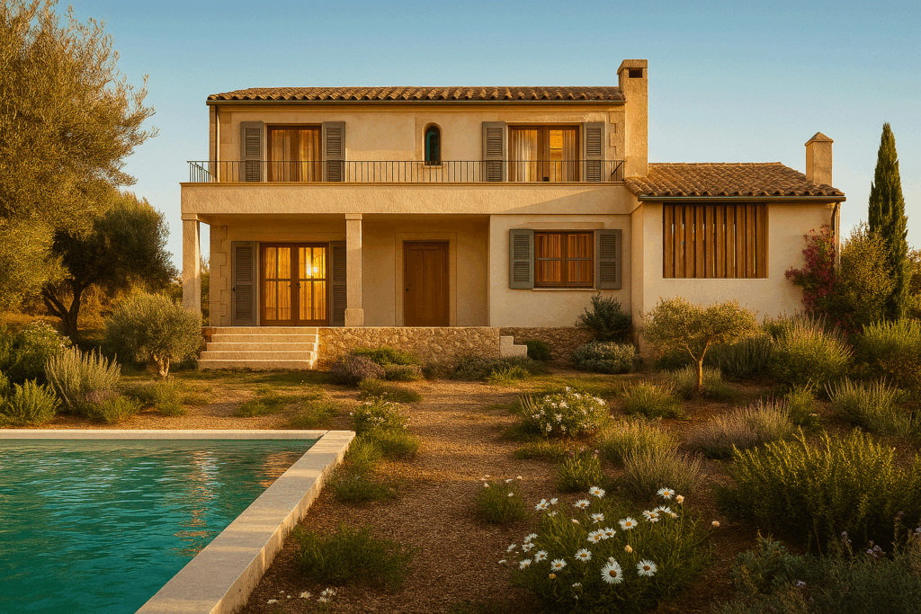 Fachada posterior y piscina del proyecto R59 en Son Gual, Mallorca.