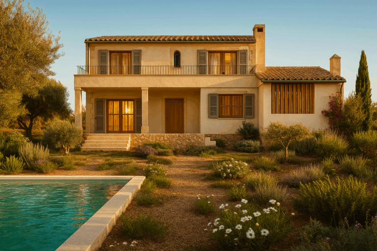 Fachada posterior y piscina del proyecto R59 en Son Gual, Mallorca.