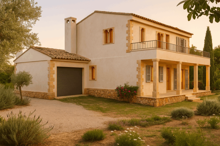 Fachada principal y entrada al garaje del proyecto R59 en Son Gual, Mallorca.