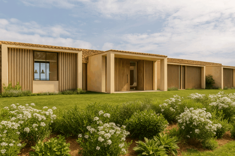 Fachada de la entrada principal del proyecto R61 en construcción en Son Gual, Mallorca.