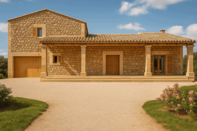Fachada frontal principal y entrada del proyecto R70 en Son Gual, Mallorca.