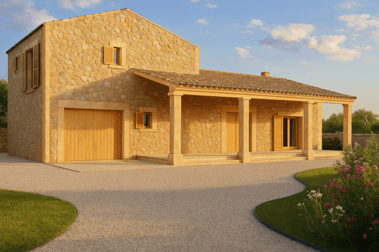 Fachada principal y entrada a la garaje del proyecto R70 en Son Gual, Mallorca.