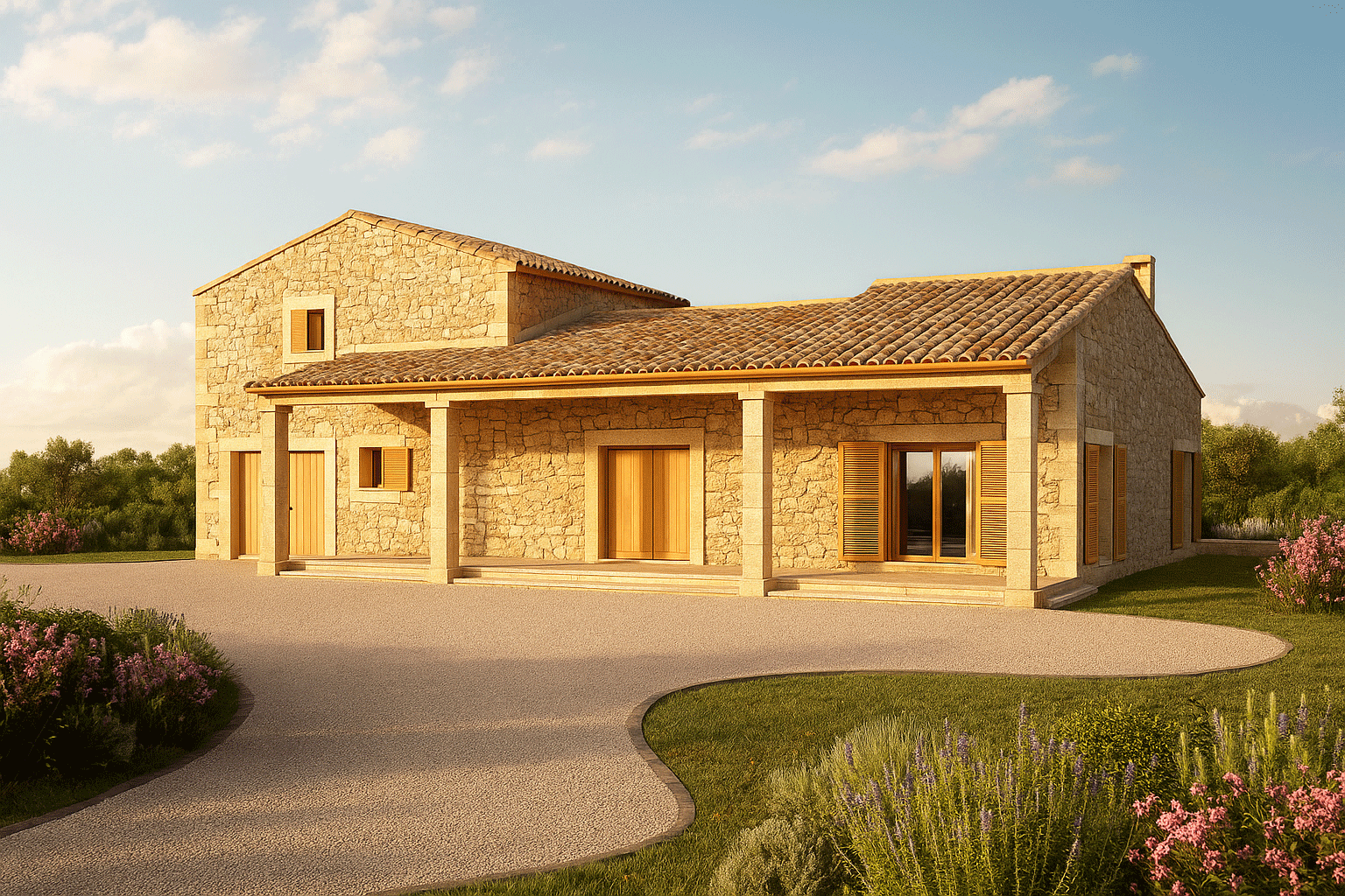 Fachada principal y entrada del proyecto R70 en Son Gual, Mallorca.