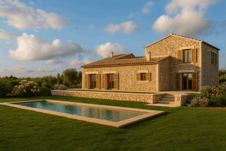 Fachada posterior y zona piscina lateral del proyecto R70 en Son Gual, Mallorca.