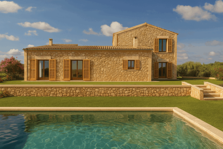 Fachada posterior y zona piscina del proyecto R70 en Son Gual, Mallorca.