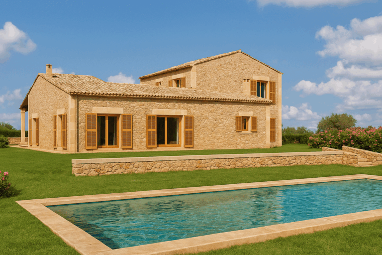 Fachada posterior y zona piscina del proyecto R70 en Son Gual, Mallorca.