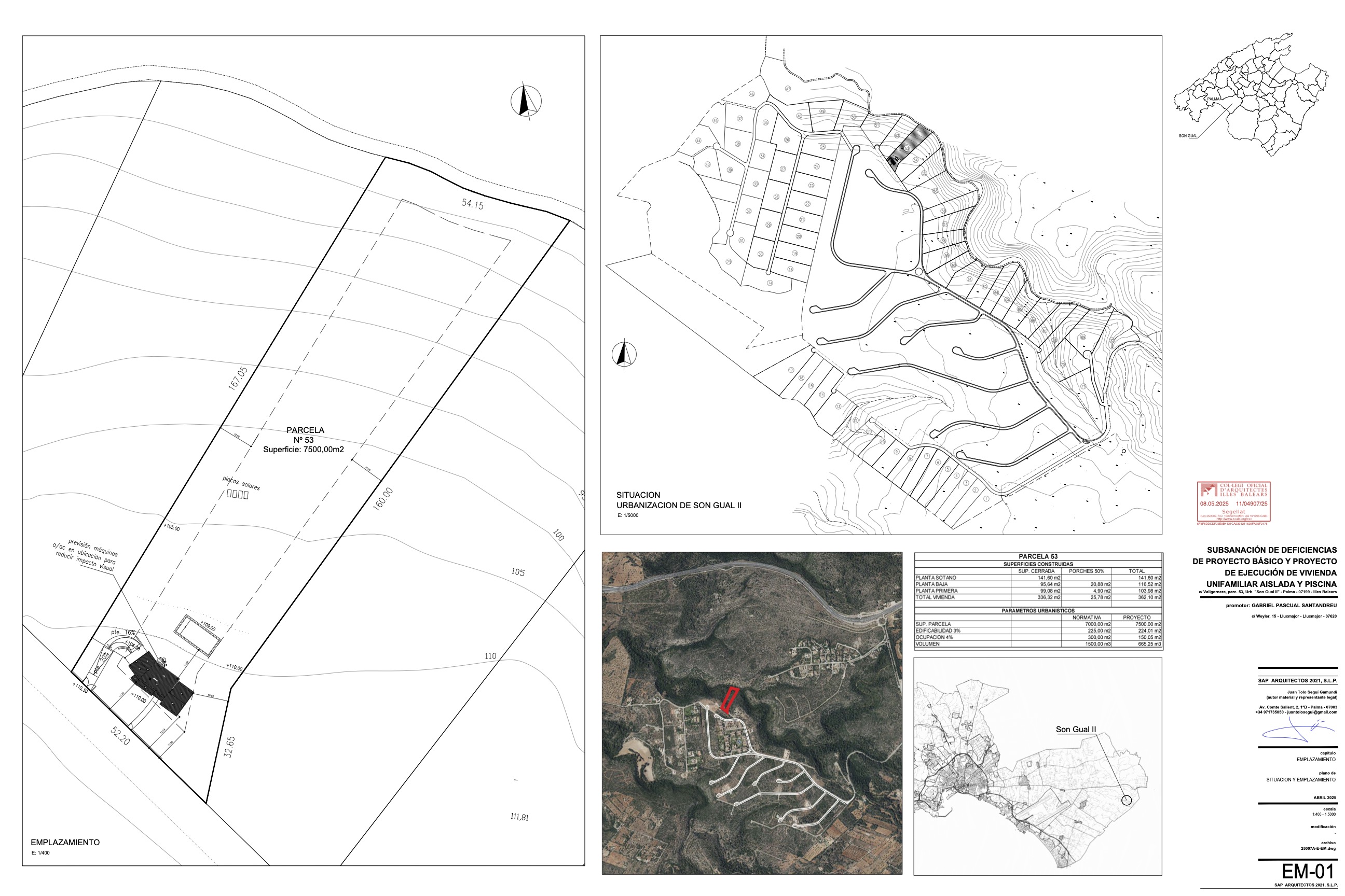 Información técnica sobre el proyecto arquitectónico de la parcela rústica R53 de Son Gual, Mallorca.