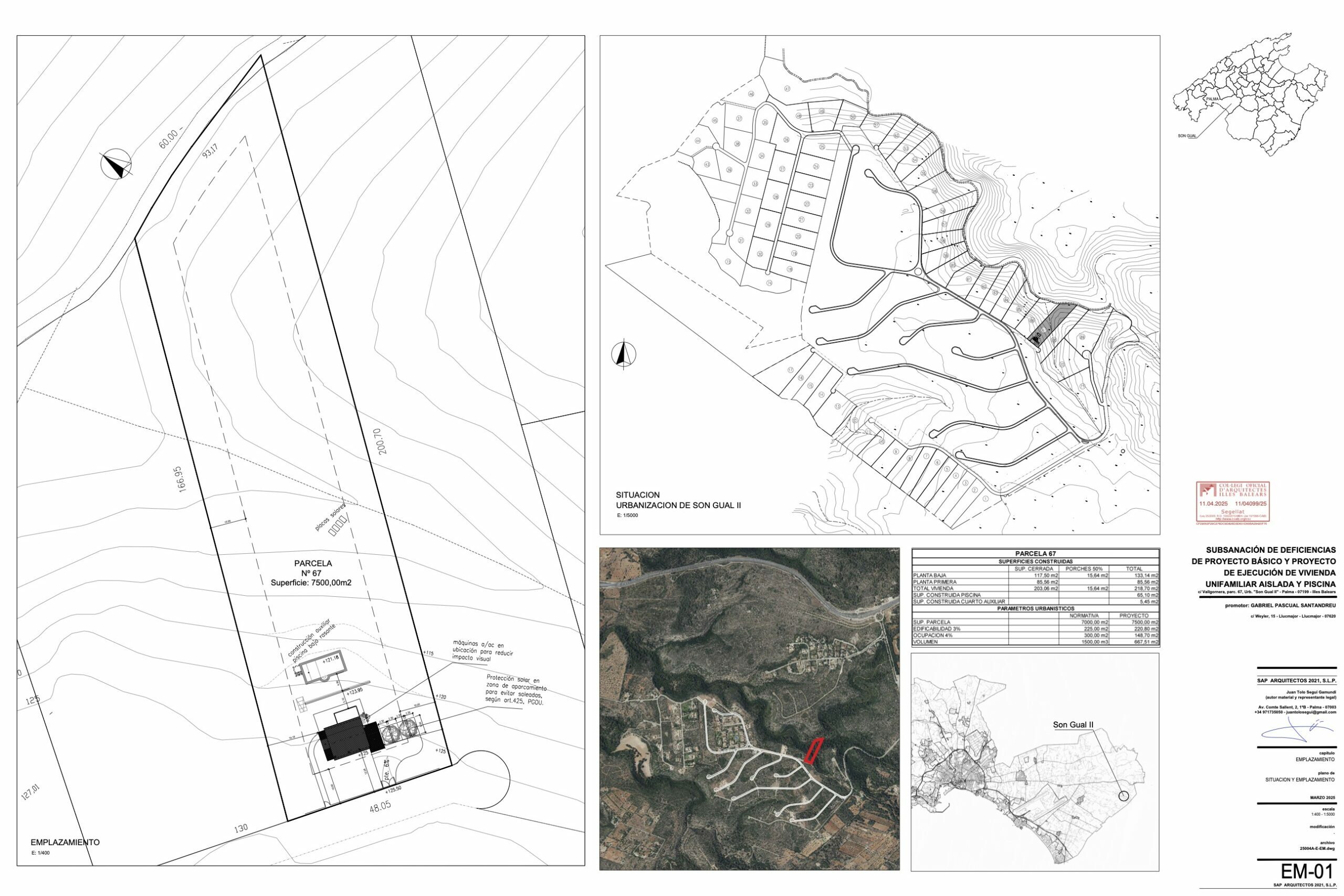 Información adicional del proyecto arquitectónico sobre la parcela rústica 67 en Son Gual, Mallorca.