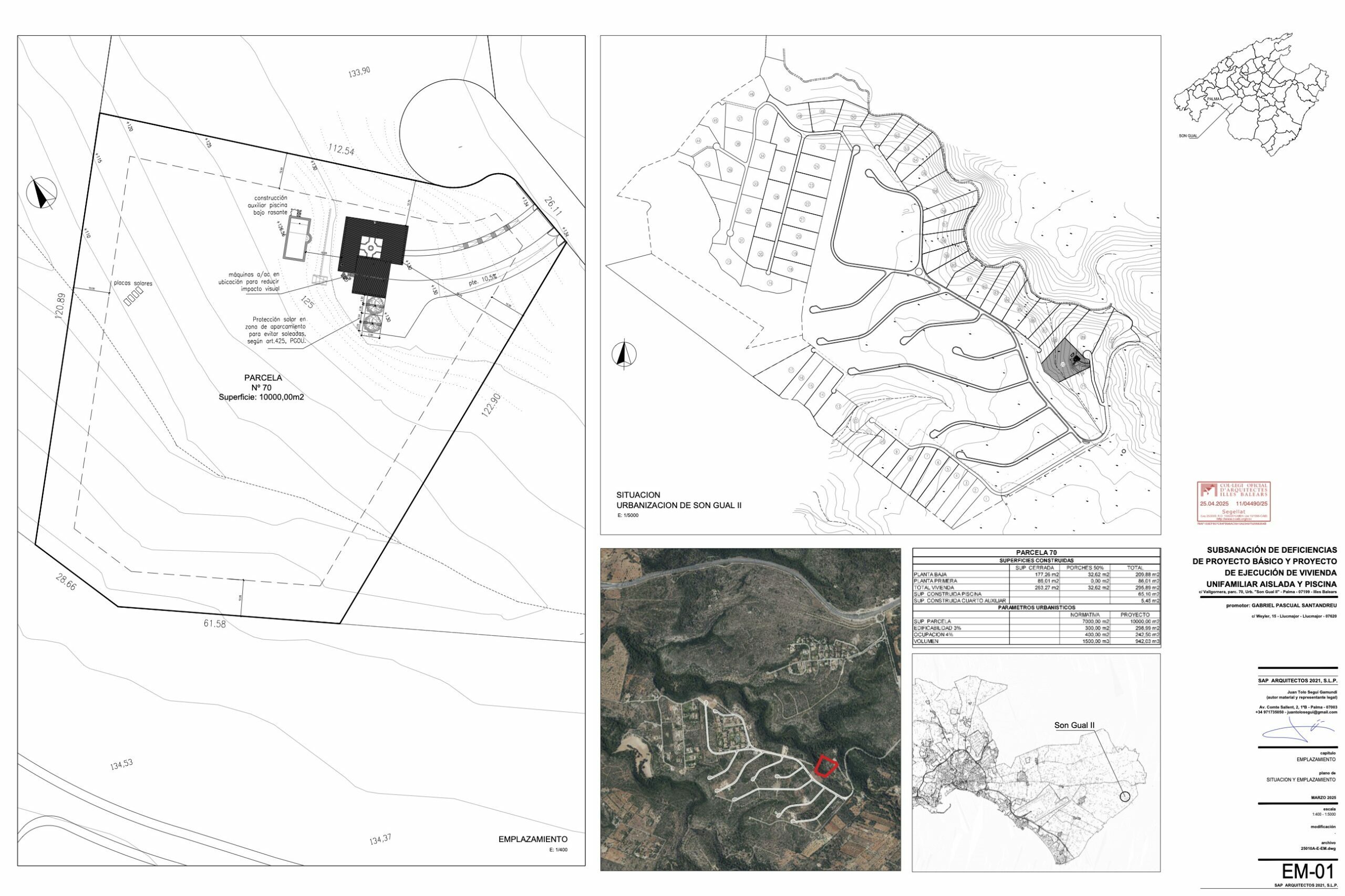 Información técnica sobre el proyecto arquitectónico de la parcela rústica R70 de Son Gual, Mallorca.