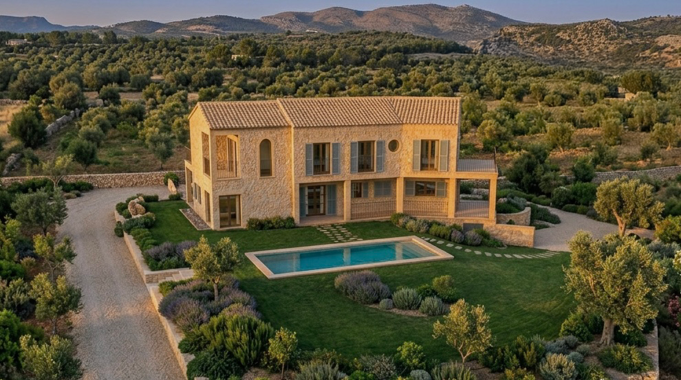 Vista aérea de la fachada general posterior con piscina del proyecto R53 en Son Gual, Mallorca.
