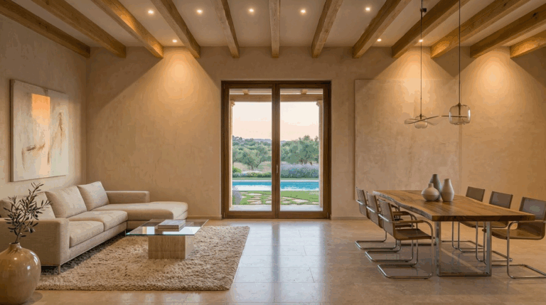 Vista interior y zona piscina del proyecto R53 en Son Gual, Mallorca.
