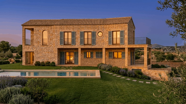 Fachada general posterior con piscina del proyecto R53 en Son Gual, Mallorca.