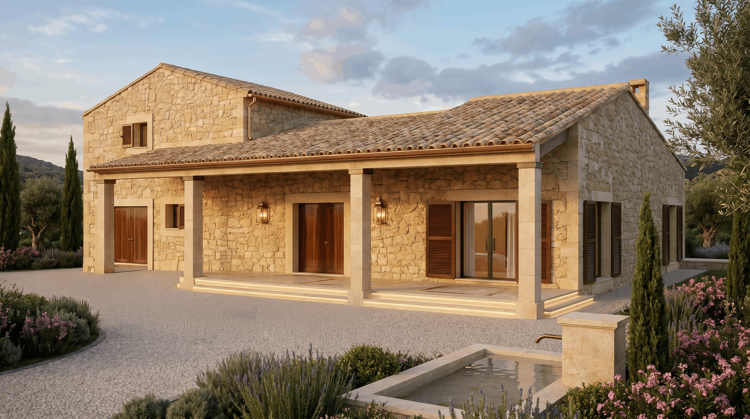 Fachada principal y entrada del proyecto R70 en Son Gual, Mallorca.