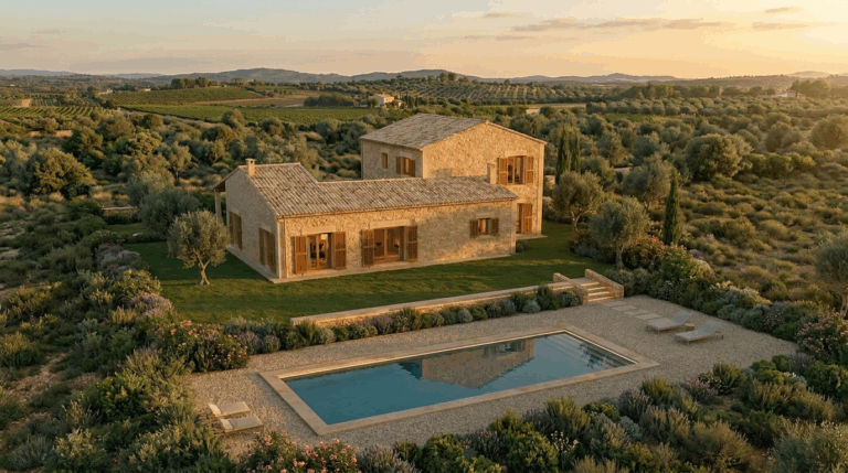 Fachada posterior y zona piscina del proyecto R70 en Son Gual, Mallorca.