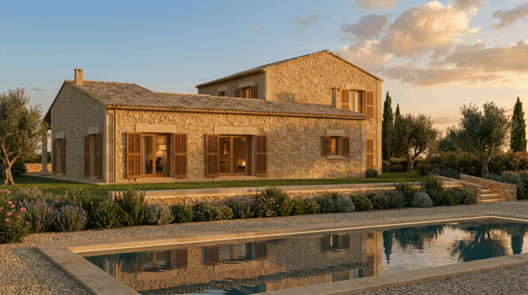 Fachada posterior y zona piscina del proyecto R70 en Son Gual, Mallorca.