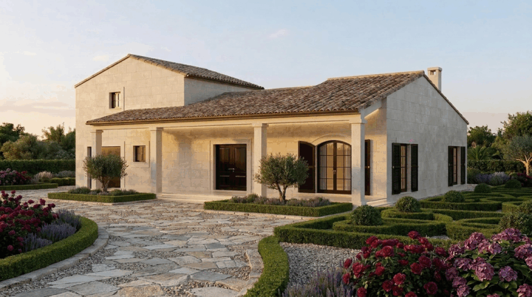 Fachada principal y entrada del proyecto R71 en Son Gual, Mallorca.