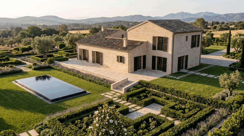 Vista aérea de la fachada general posterior con piscina del proyecto R71 en Son Gual, Mallorca.