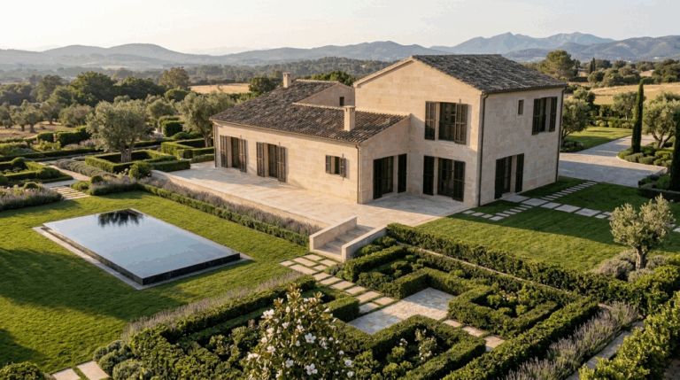 Vista aérea de la fachada general posterior con piscina del proyecto R71 en Son Gual, Mallorca.